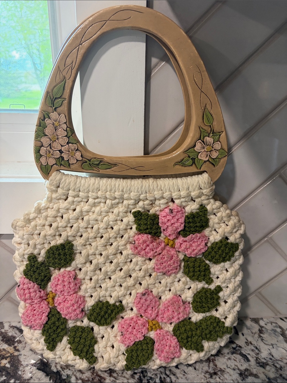 Handmade Cream Crochet Macramé Floral Tote with Wooden Handles